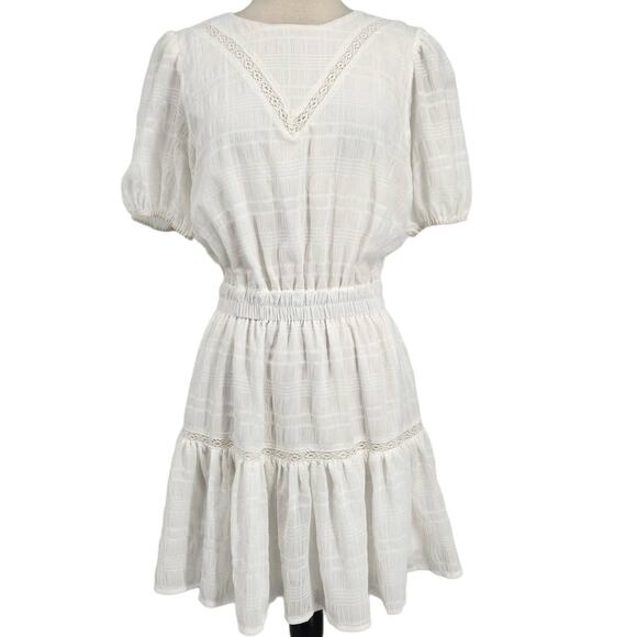 Aura Smocked White Dress Puff Sleeve Lace Insert Gossamer Overlay Size Medium - Picture 1 of 6